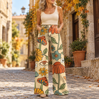 Αλίκη | Φαρδύ παντελόνι boho με ρετρό λουλούδια και μανιτάρια σε μπεζ